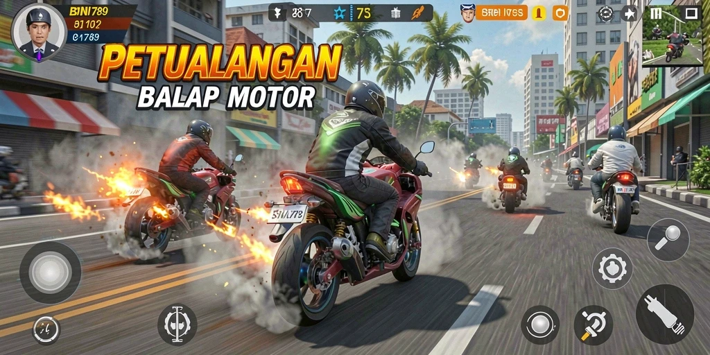Screenshot utama BNI789 menampilkan balapan motor yang mendebarkan.