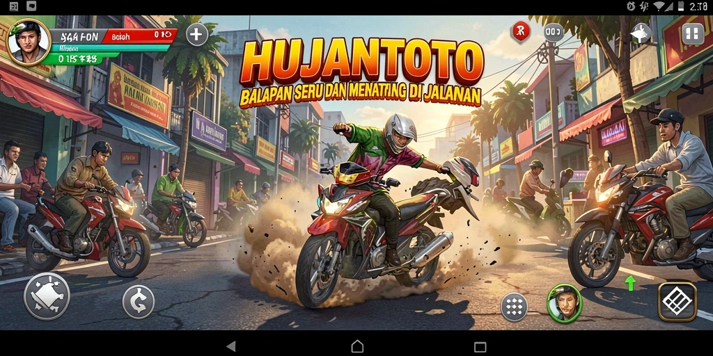 Tampilan seru gameplay HUJANTOTO dengan mobil yang melaju kencang di lintasan.