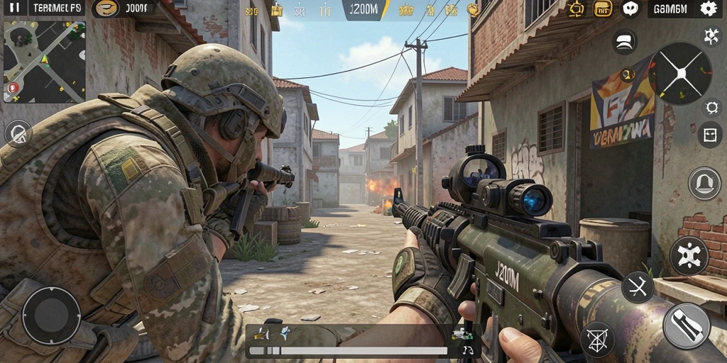 Screenshot J200M menampilkan aksi menembak yang intens di battlefield.