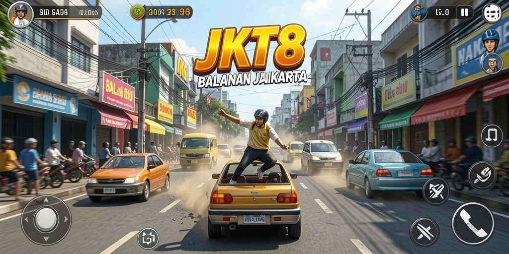 Gameplay seru JKT8 dengan balapan di jalanan Jakarta.