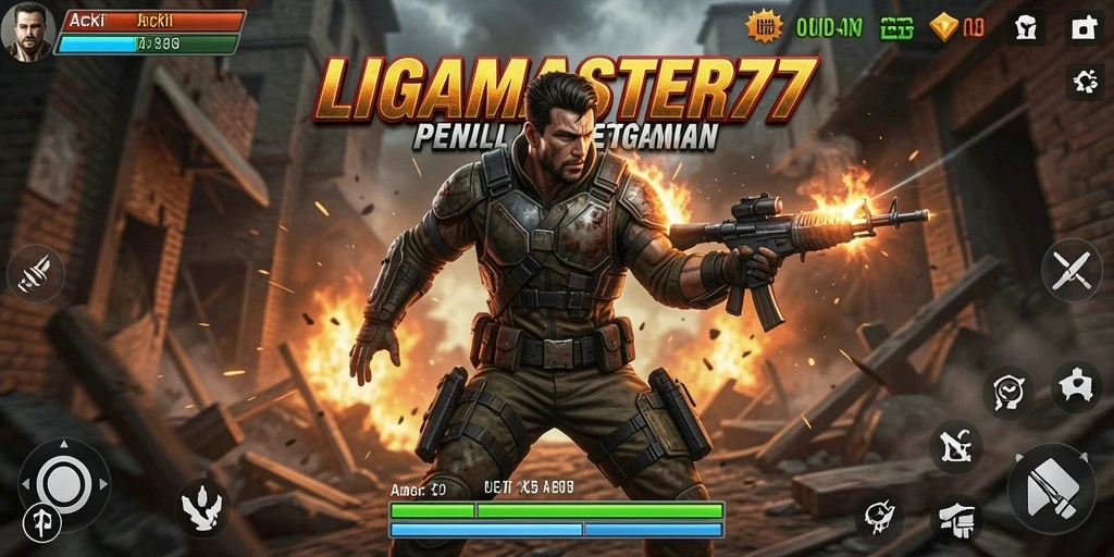 Screenshot LIGAMASTER77 menampilkan aksi mendebarkan di tengah pertempuran.