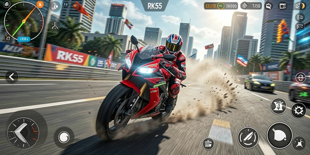 Screenshot utama RK55 menampilkan aksi balap motor yang mendebarkan.