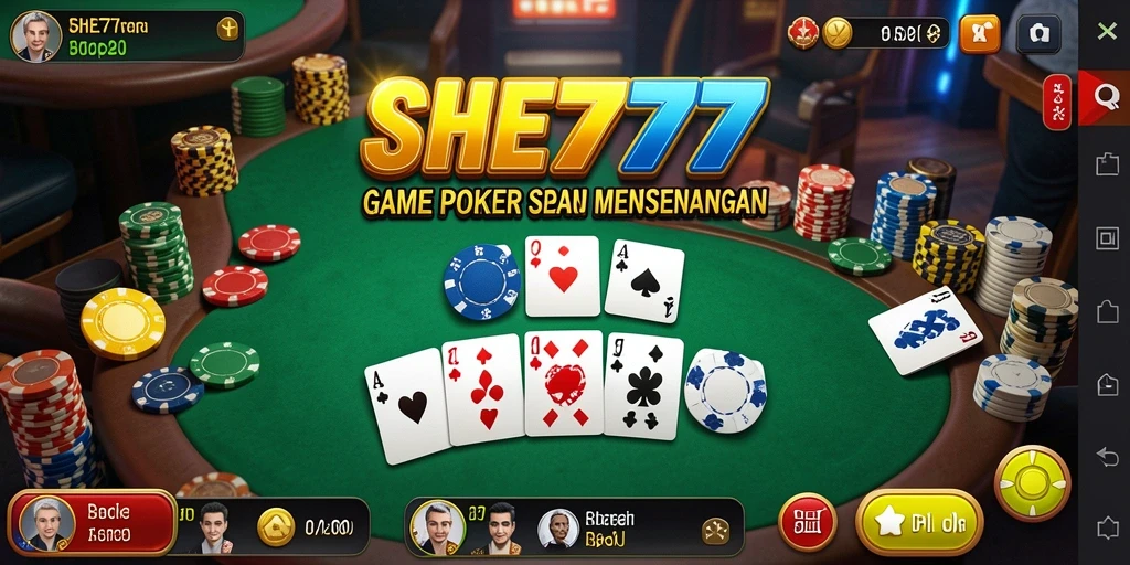Tangkapan layar gameplay SHE777 yang menunjukkan aksi Poker yang seru.