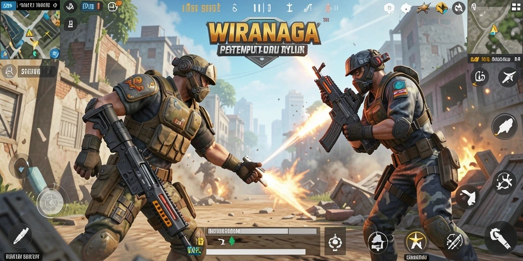 Screenshot menampilkan pertempuran seru dalam WIRANAGA Battle Royale.