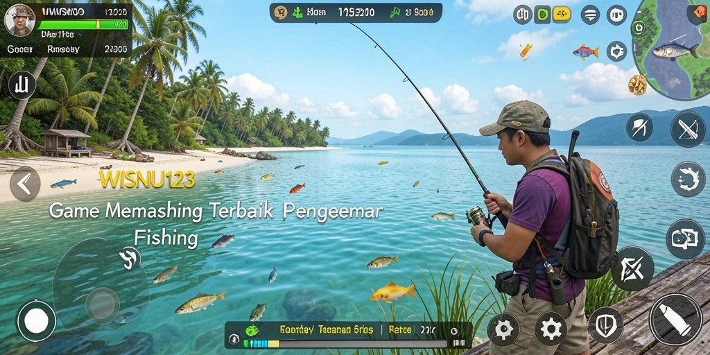 Screenshot gameplay <strong>WISNU123</strong> menunjukkan serunya menangkap ikan di danau yang indah.